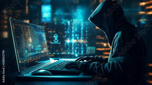Slika na platnu Hacker on a PC in Cyberspace hacking the Matrix - Generative AI