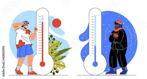 Hot and cold weather concept. Man in summer clothes and woman in winter clothes standing near thermometers with. Comparison of heat and summer, snow and sun. Cartoon flat vector illustration
