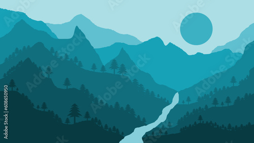 Abstract wall art. Beautiful landscape mountain view with river and trees. Suitable for poster and home wall decoration