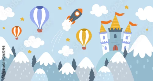 Obraz Kids landscape with air balloons. Rocket and castle in mountains. Imagination and fantasy. Beautiful natural panorama. Forest and snowcape cliffs. Cartoon flat vector illustration