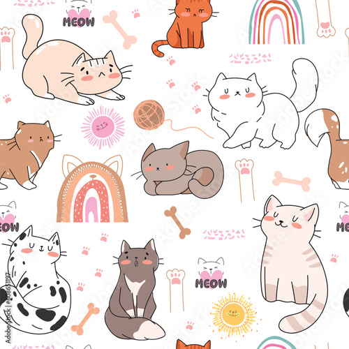 Сhildish pattern with white cute cats, rainbows, bones, sun, paws kids print. Pets seamless background, cute vector texture for kids , fabric, wallpaper, wrapping paper, textile, t-shirt print
