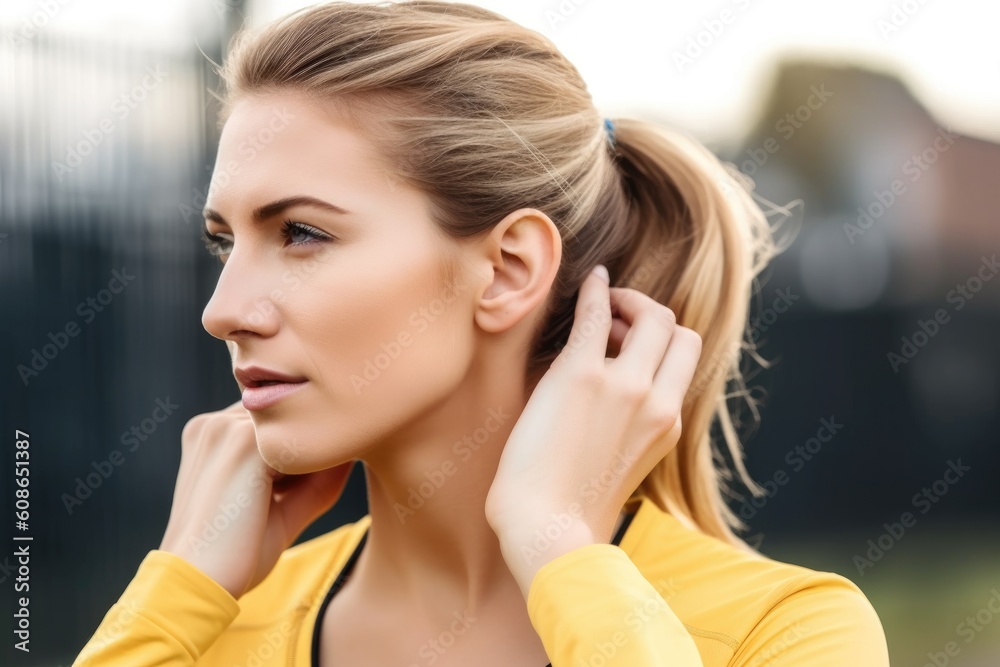 Obraz premium closeup of sporty woman holding ear while standing outdoors, created with generative ai