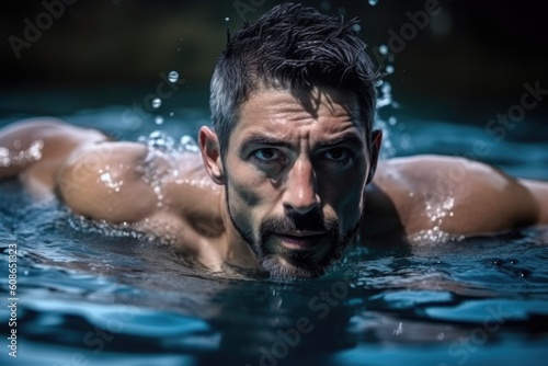 fitness, portrait and man in water for swimming exercise, wellness and cardio training, created with generative ai © Natalia