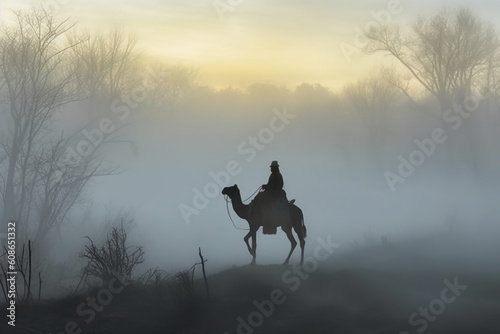 Soldier on a camel, foggy area, silhouette. AI generative