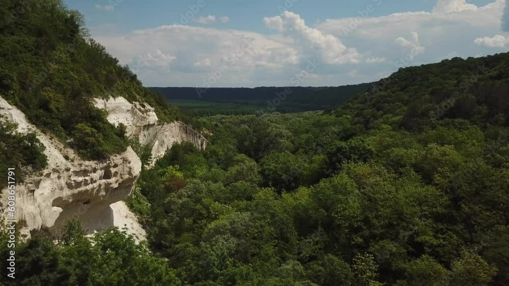 Aerial view of chalk rocks in forest. Drone footage. Aerial view of chalk rocks in forest. Drone footage.