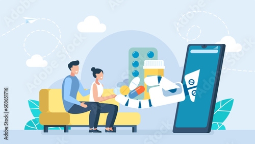The family orders medicine through a mobile application. The robot holds medicine in its hand. Sale of medicines through a mobile application. Electronic medical commerce. Vector illustration