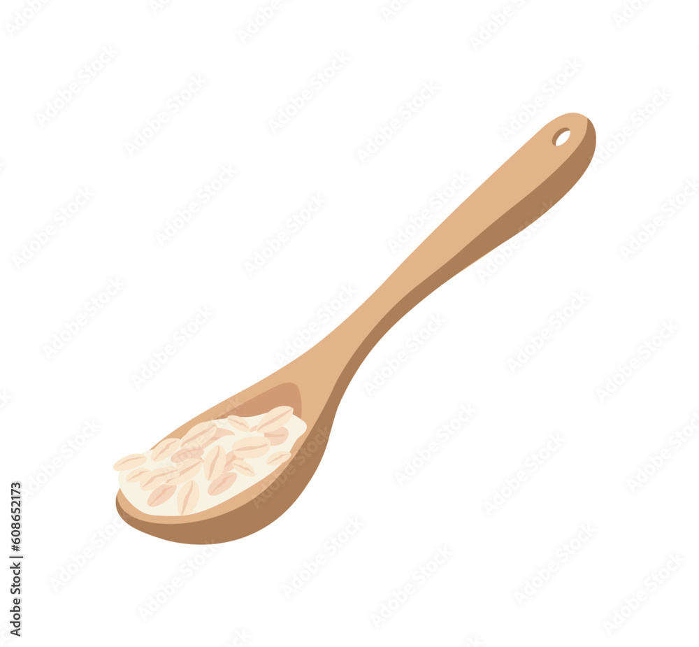 Oatmeal milk porridge in spoon concept. Healthy and traditional breakfast. Poster or banner. Healthy eating and proper nutrition. Cartoon flat vector illustration isolated on white background Oatmeal milk porridge in spoon concept. Healthy and traditional breakfast. Poster or banner. Healthy eating and proper nutrition. Cartoon flat vector illustration isolated on white background