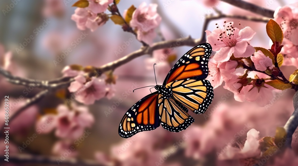 Monarch Butterfly, Sakura Tree, Generative AI, Illustration - obrazy, fototapety, plakaty 