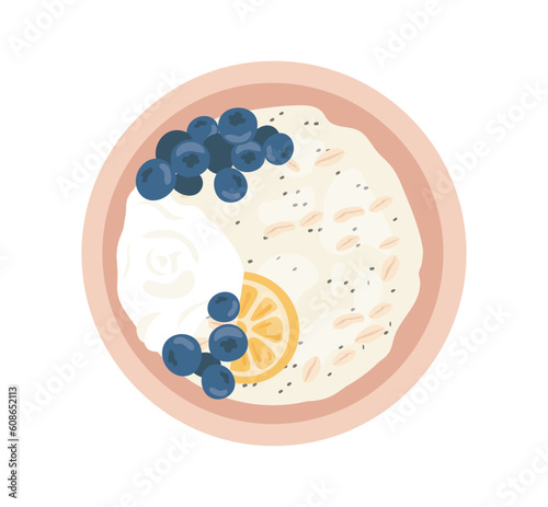 Oatmeal milk porridge top view concept. Healthy and traditional breakfast with fruits and berries, blueberries and banana. Cartoon flat vector illustration isolated on white background