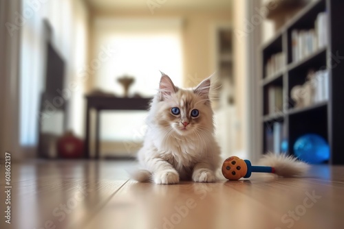Ragdoll kitten is playing with toys and balls in a bright living room of a cozy apartment.