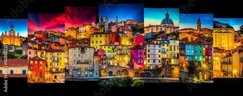 Enchanting Portuguese collage displays varied landscapes, lively architecture, and vivid culture in a dynamic mosaic. Perfect for tourism advertising. Generative AI