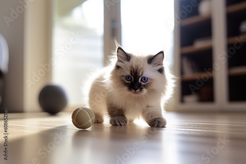 Ragdoll kitten is playing with toys and balls in a bright living room of a cozy apartment.