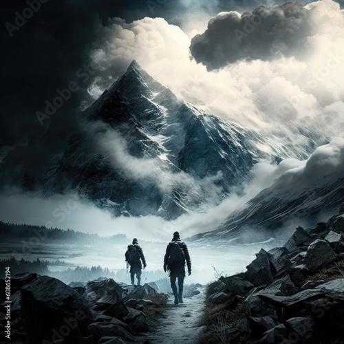 Couple of hikers walking on a trail in the foggy mountains