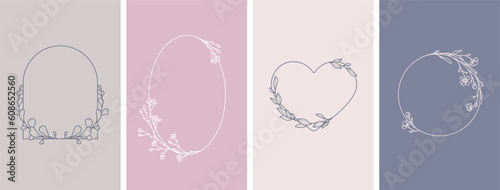 Elegant frames with hand drawn flowers and leaves, design templates in line style. Vector backgrounds for wedding invitations, greeting cards, social media stories, label, corporate identity