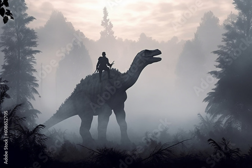 Soldier on a dinosaur, foggy area, silhouette. AI generative © SANGHYUN
