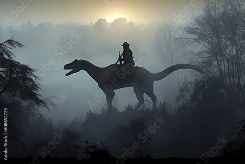 Soldier on a dinosaur, foggy area, silhouette. AI generative © SANGHYUN