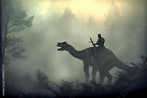 Soldier on a dinosaur, foggy area, silhouette. AI generative