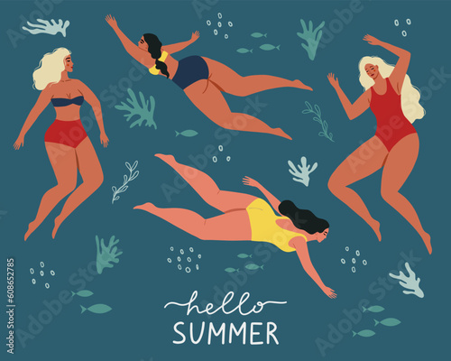 Summertime cute background with swim in the sea or ocean body positive women. Underwater swimming. Design for poster, banner, card etc. Hand drawn lettering. Vector illustration