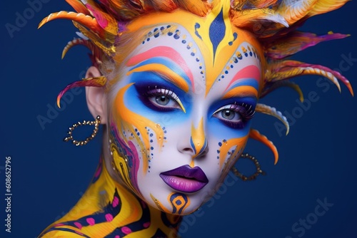 Portrait of a beautiful woman with face art painted with paints and a carnival hairstyle. Generative AI © happy_finch