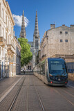 Bordeaux Cathedral (Cathedrale Saint Andre) seen from Vital Carles street with bordeaux tram in France
