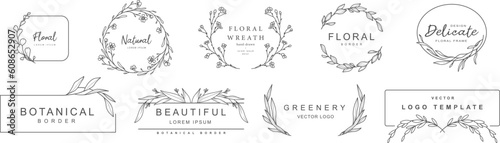 Logo templates with hand drawn flowers, branches and leaves. Elegant vector floral frame for label, corporate identity, wedding invitation, save the date