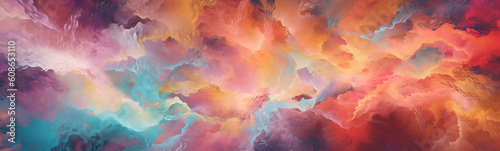 Abstract background design of fractal paint and rich texture on the subject of imagination, creativity and art. Color Splash series with abstract sky and thunder clouds. Generative AI