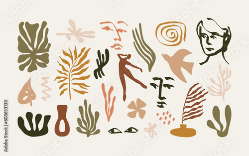 Abstract organic shapes. Contemporary algae plants vase leaf face Matisse inspired vintage floral decoration. Vector set
