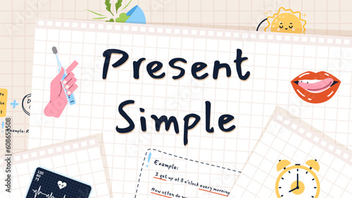 Preview present simple vector concept. English lessons. Teaching and education at school or university. International language of communication. Grammar learning. Cartoon flat illustration