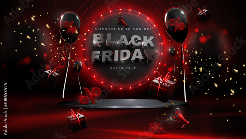 Black friday background with blank podium and realistics gift box element and balloons on red circle frame and neon light effect and bokeh and gold ribbons. Vector illustration.