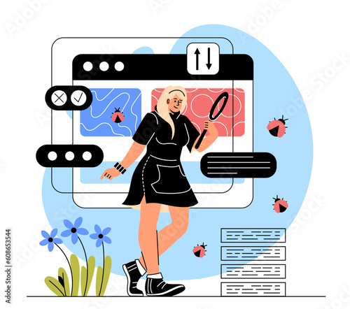 Quality assurance vector concept. Women with magnifying glass looking for bugs. Girl corrects errors in code of program or application. IT specialist and programmer. Cartoon flat illustration