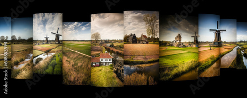 Captivating mosaic panorama showcasing Netherlands' diverse landscapes, architecture, and culture in vibrant colors and dynamic layers, evoking wanderlust. Generative AI