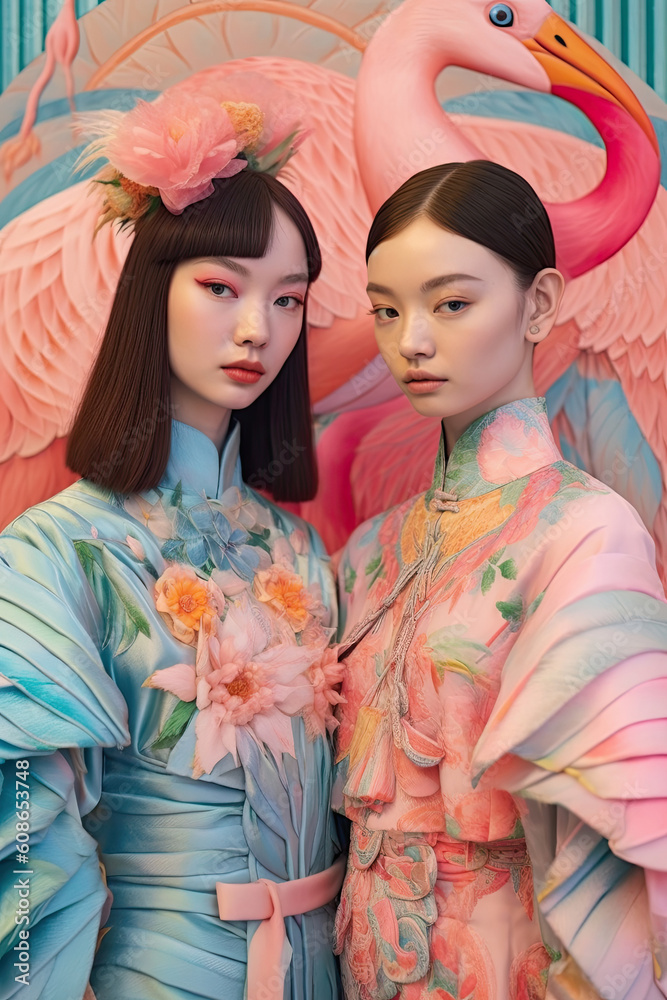 Two japanese asian women girls friends posing together in front of a vibrant pink backdrop. Clothing kimono with a flamingo motives. Generated AI. Two japanese asian women girls friends posing together in front of a vibrant pink backdrop. Clothing kimono with a flamingo motives. Generated AI.