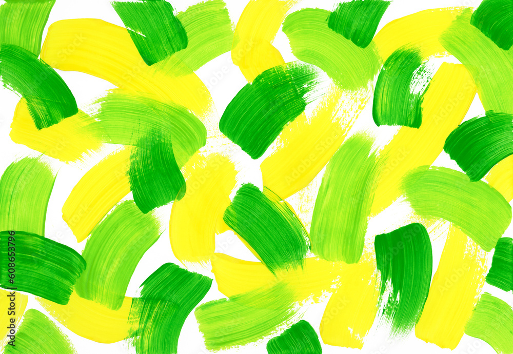 Chaotic large strokes of green, light green and yellow paint on textured horizontal white canvas. Abstract acrylic colorful paint texture. Artistic hand drawn background with copy space.