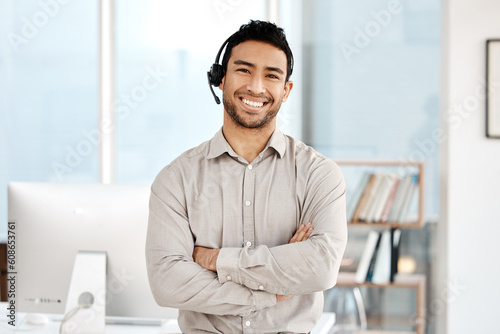 Papier peint Happy asian man, call center and portrait with headphones in customer service or telemarketing at office