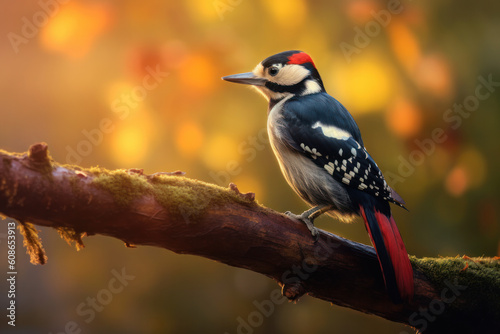 ein Buntspecht, der an einem sonnigen Tag stolz auf einem Ast sitzt, a great spotted woodpecker sitting proudly on a tree branch on a sunny day,