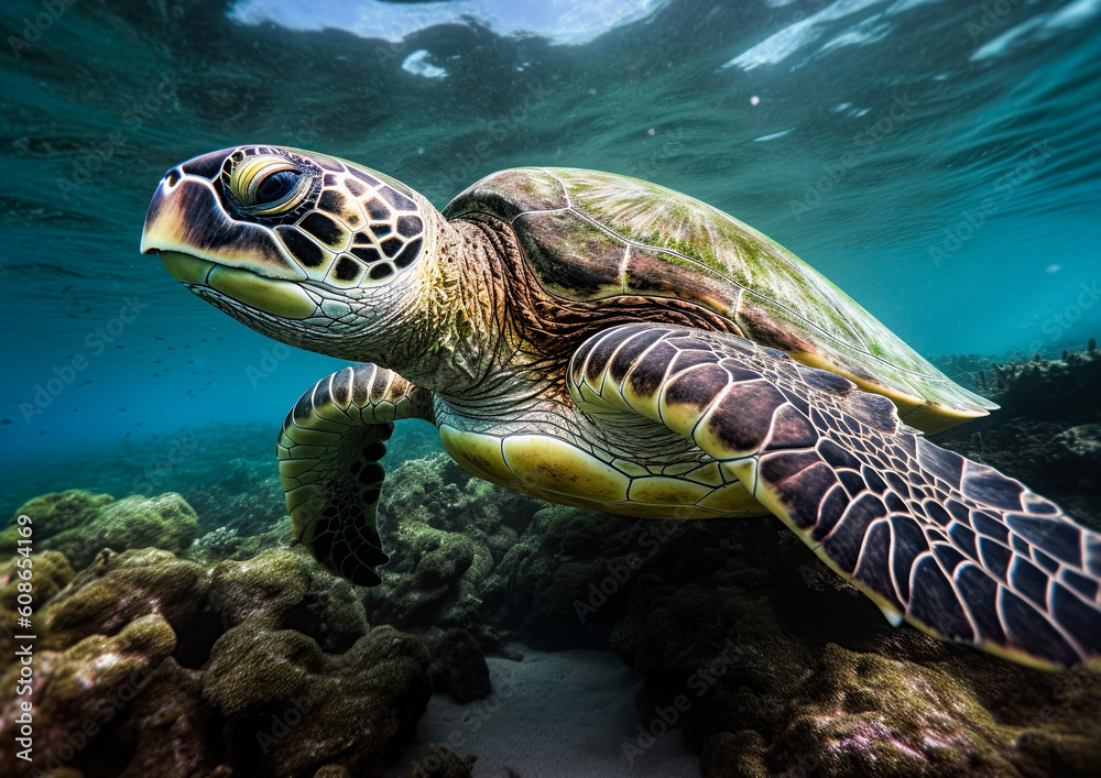 Sea turtle swimming in the ocean. Ai generative image Sea turtle swimming in the ocean. Ai generative image