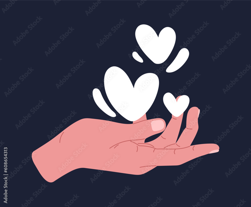 Obraz premium Hand holding white hearts concept. Charity and generosity, kindness. Activist and volunteer. Charitable organization or foundation. Romance and love. Cartoon flat vector illustration