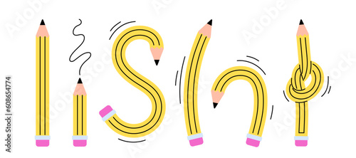 Set of curved pencils vector. Art and creativity, pack for drawing. Studio equipment. Sketch and hand drawn. Stationery for school and office. Cartoon flat collection isolated on white background