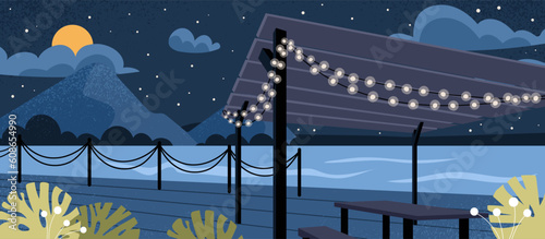 Summer night landscape vector concept. Beautiful promenade with lanterns and rooftops. Holidays in tropical and exotic countries. Outdoor cafe at beach, gazebo. Cartoon flat illustration
