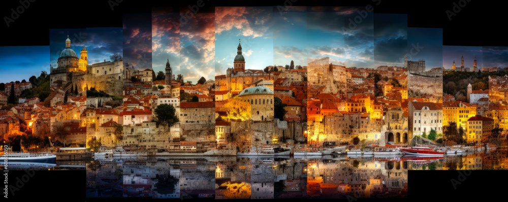 Stunning Croatian mosaic landscape showcasing vibrant colors, dynamic overlays of monuments, architecture, and culture – an emotional glimpse into the country's beauty. Generative AI