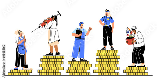 People with difference in wages concept. Cleaning lady, policeman, worker and nurse stand on stacks of gold coins. Social money gap. Cartoon flat vector illustration isolated on white background