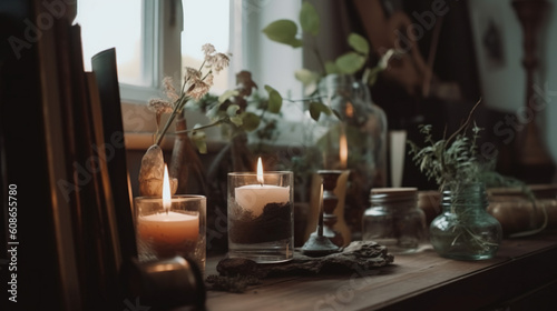 Cozy Relics and Candles on Table Top Keepsakes Generative AI Photo