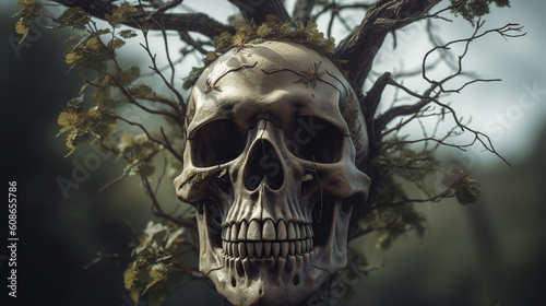 Skull Attached to Tree in the Woods Creepy and Dark Generative AI 3D Render © Lila Patel