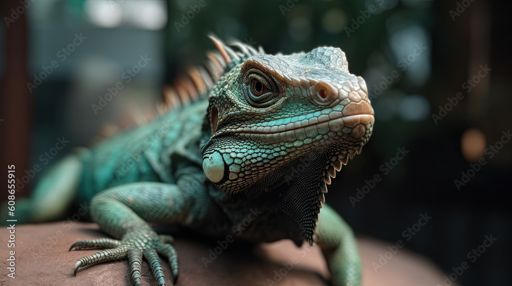 Fototapeta premium Close Up of a Green Iguana Smiling Generative AI Photo
