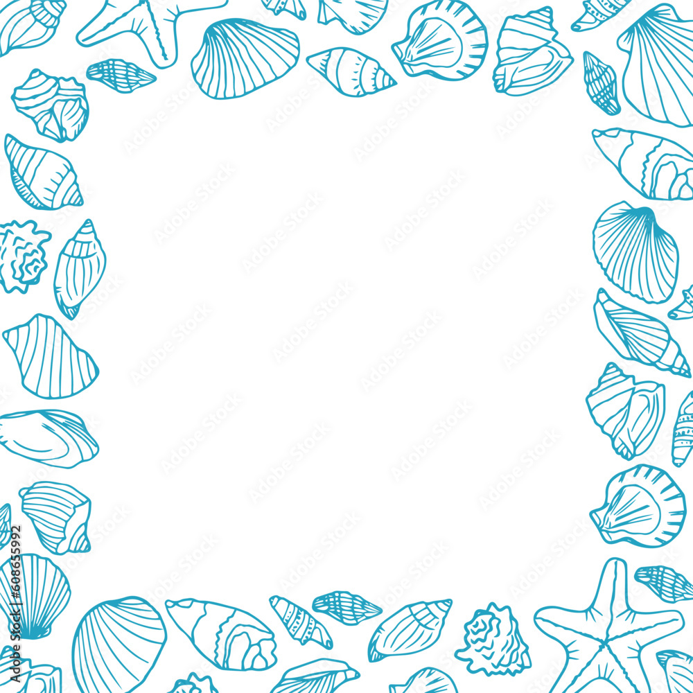 Vector square frame, border of doodle tropical sea elements, seashells, starfish. Hand drawn marine life. Sea decor for card, design. Ocean, sea creatures. Maritime illustration