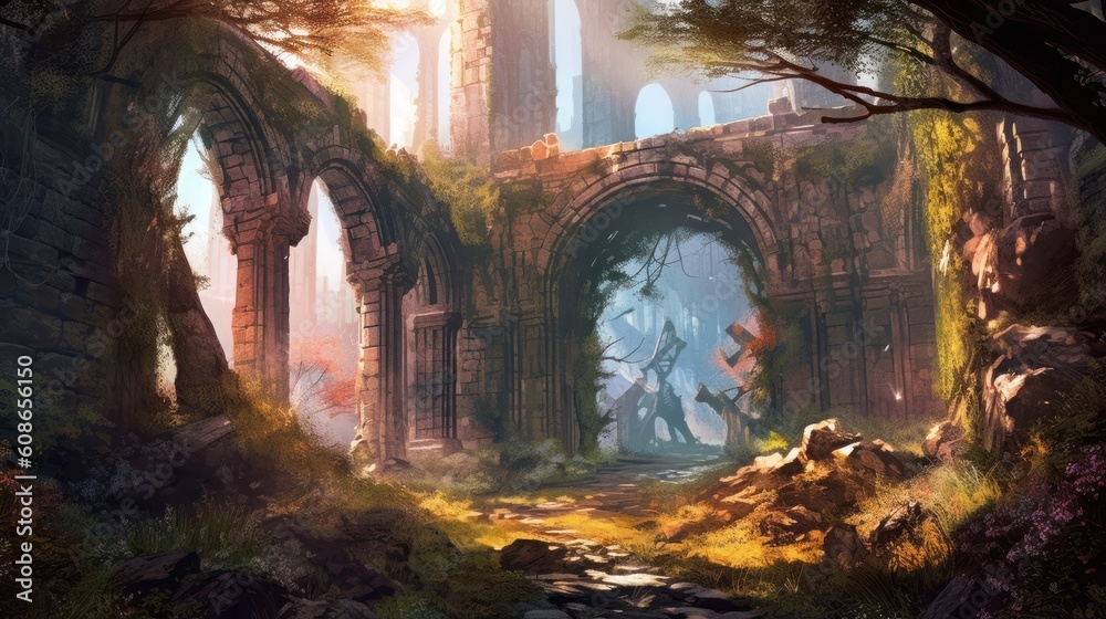 Naklejka premium Old Ruins Game Art Wallpaper Background