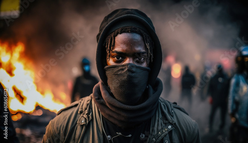 Protestor on Street Close Up Shot of African American Man in Mask Generative AI Photo