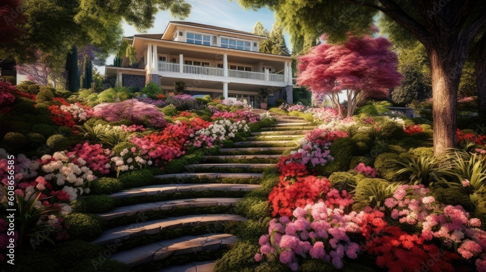 Floral paradise: Images capture the vibrant colors and beauty of well-maintained gardens, showcasing blooming flowers and manicured landscapes. Generative AI
