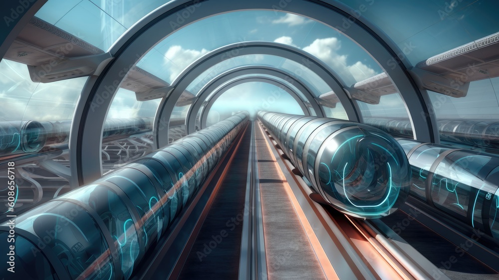 Hyperloop: An image illustrating the hyperloop transportation system, showcasing high-speed capsules or futuristic tube-based transportation. Generative AI