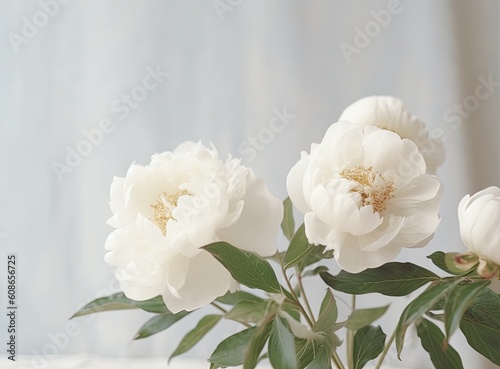 Fresh white peony flowers on light gray table background. Empty place for emotional  sentimental text  quote or sayings. Closeup. created with Generative AI technology